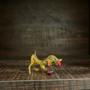 Hand Blown Glass Dog Figurine with Red and Yellow Accents